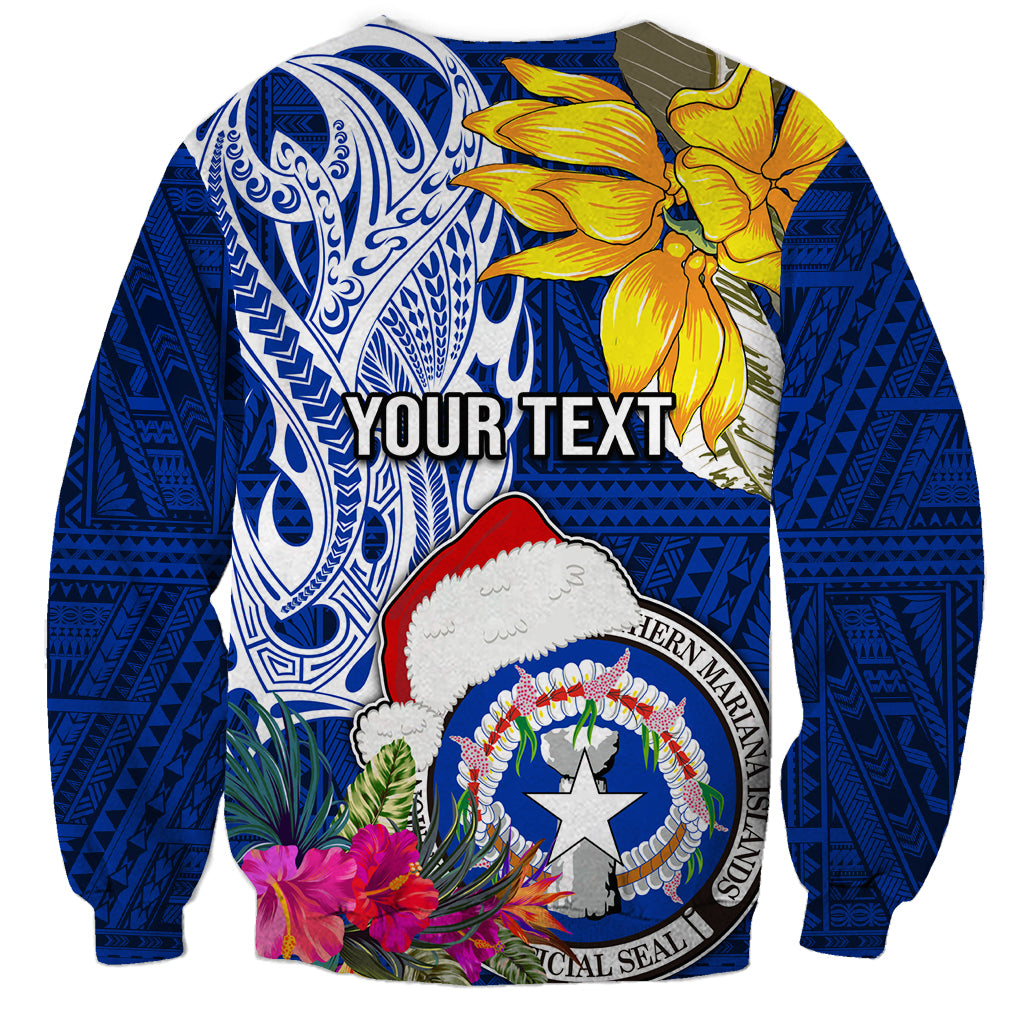 Custom Northern Mariana Islands Christmas Sweatshirt Funny Santa Hug Latte Stone Ylang-ylang and Polynesia Pattern Blue LT03 - Polynesian Pride