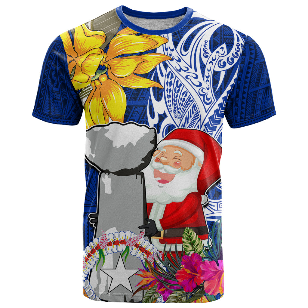 Custom Northern Mariana Islands Christmas T Shirt Funny Santa Hug Latte Stone Ylang-ylang and Polynesia Pattern Blue LT03 Blue - Polynesian Pride