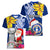 Custom Northern Mariana Islands Christmas Women V Neck T Shirt Funny Santa Hug Latte Stone Ylang-ylang and Polynesia Pattern Blue LT03 - Polynesian Pride