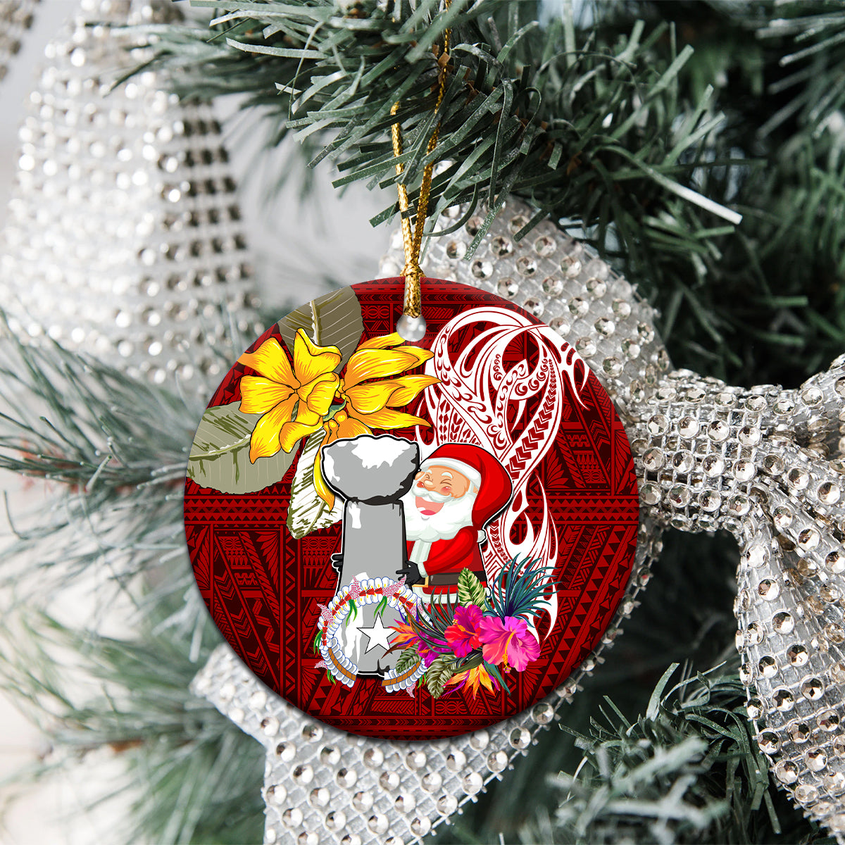 Custom Northern Mariana Islands Christmas Ceramic Ornament Funny Santa Hug Latte Stone Ylang-ylang and Polynesia Pattern Red LT03 - Polynesian Pride
