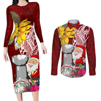 Custom Northern Mariana Islands Christmas Couples Matching Long Sleeve Bodycon Dress and Long Sleeve Button Shirt Funny Santa Hug Latte Stone Ylang-ylang and Polynesia Pattern Red LT03 Red - Polynesian Pride