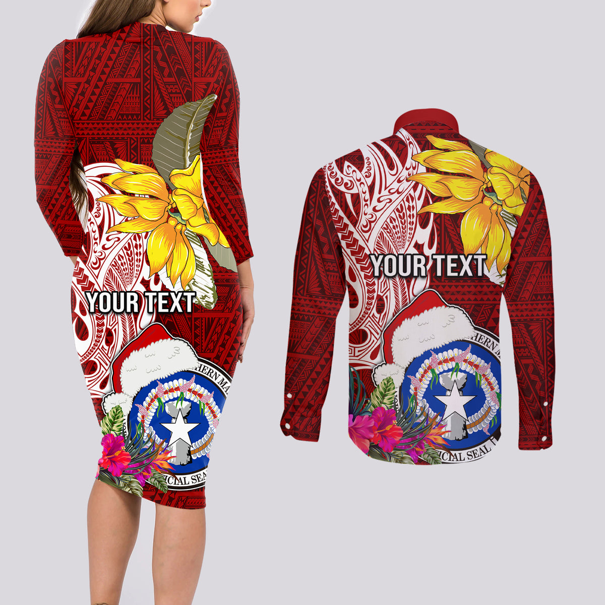 Custom Northern Mariana Islands Christmas Couples Matching Long Sleeve Bodycon Dress and Long Sleeve Button Shirt Funny Santa Hug Latte Stone Ylang-ylang and Polynesia Pattern Red LT03 - Polynesian Pride