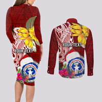 Custom Northern Mariana Islands Christmas Couples Matching Long Sleeve Bodycon Dress and Long Sleeve Button Shirt Funny Santa Hug Latte Stone Ylang-ylang and Polynesia Pattern Red LT03 - Polynesian Pride