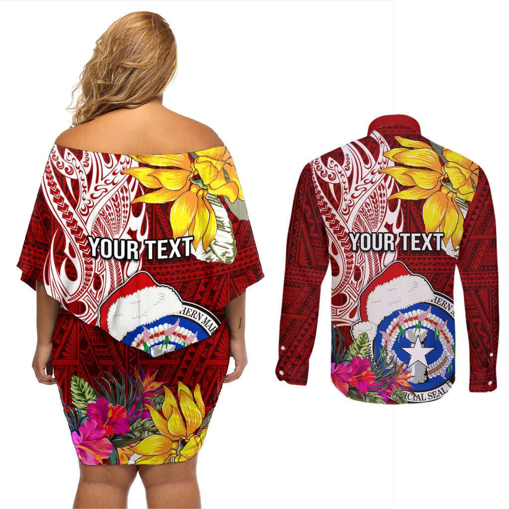 Custom Northern Mariana Islands Christmas Couples Matching Off Shoulder Short Dress and Long Sleeve Button Shirt Funny Santa Hug Latte Stone Ylang-ylang and Polynesia Pattern Red LT03 - Polynesian Pride