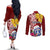 Custom Northern Mariana Islands Christmas Couples Matching Off The Shoulder Long Sleeve Dress and Long Sleeve Button Shirt Funny Santa Hug Latte Stone Ylang-ylang and Polynesia Pattern Red LT03 - Polynesian Pride