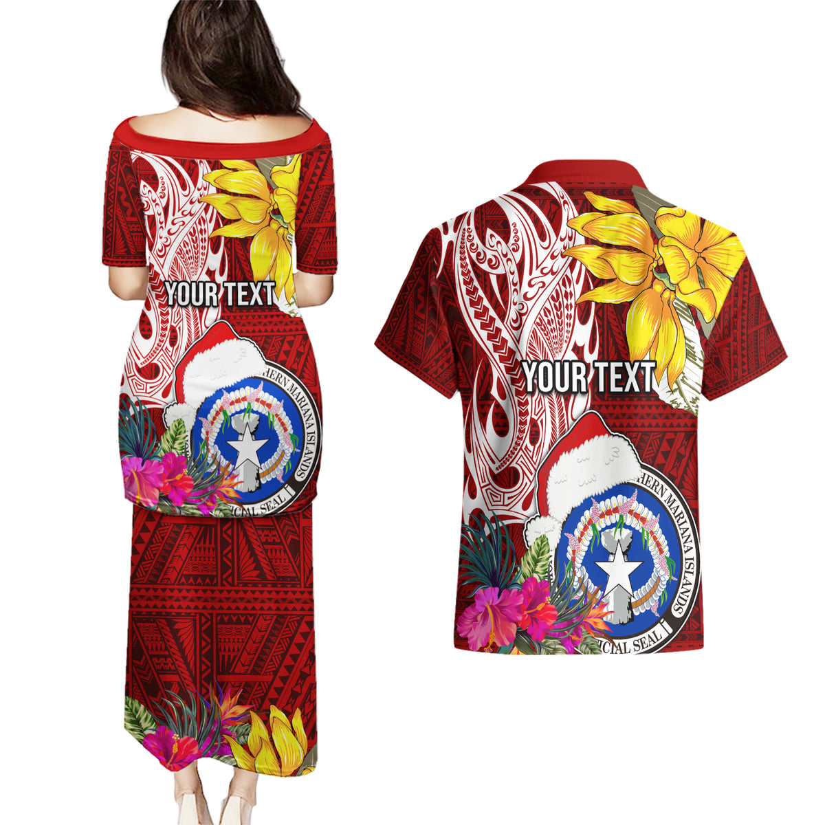 Custom Northern Mariana Islands Christmas Couples Matching Puletasi Dress and Hawaiian Shirt Funny Santa Hug Latte Stone Ylang-ylang and Polynesia Pattern Red LT03 - Polynesian Pride