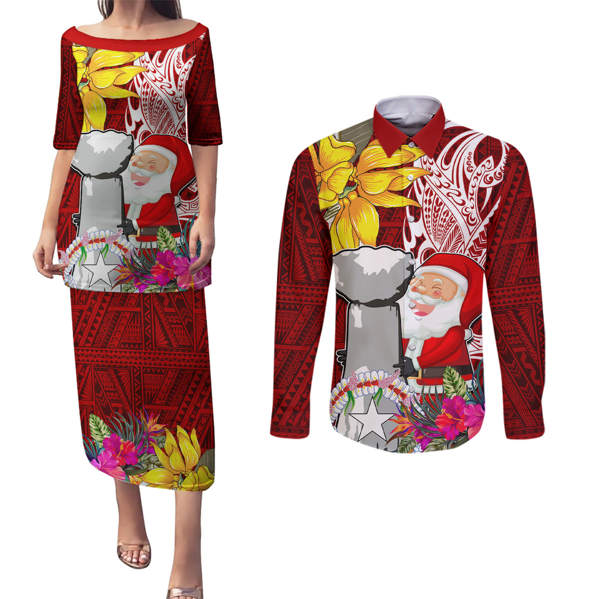 Custom Northern Mariana Islands Christmas Couples Matching Puletasi Dress and Long Sleeve Button Shirt Funny Santa Hug Latte Stone Ylang-ylang and Polynesia Pattern Red LT03 Red - Polynesian Pride