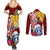 Custom Northern Mariana Islands Christmas Couples Matching Summer Maxi Dress and Long Sleeve Button Shirt Funny Santa Hug Latte Stone Ylang-ylang and Polynesia Pattern Red LT03 - Polynesian Pride
