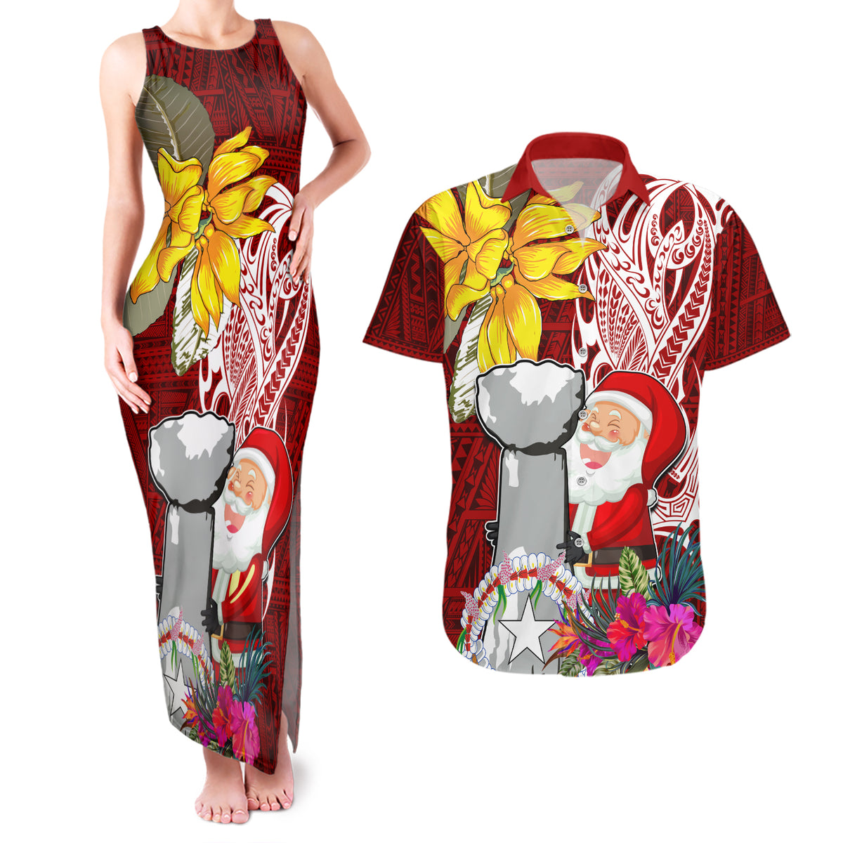 Custom Northern Mariana Islands Christmas Couples Matching Tank Maxi Dress and Hawaiian Shirt Funny Santa Hug Latte Stone Ylang-ylang and Polynesia Pattern Red LT03 Red - Polynesian Pride