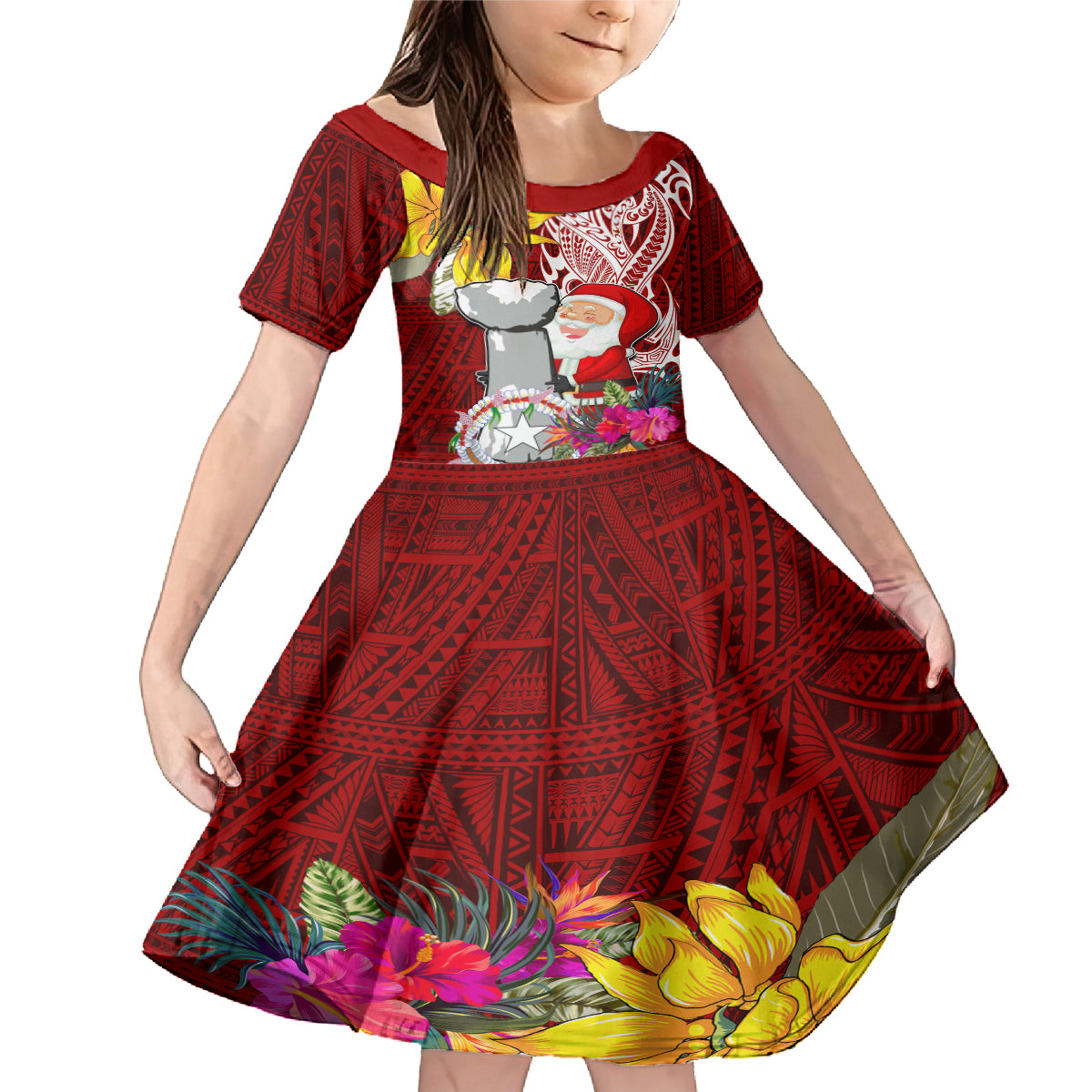 Custom Northern Mariana Islands Christmas Family Matching Mermaid Dress and Hawaiian Shirt Funny Santa Hug Latte Stone Ylang-ylang and Polynesia Pattern Red LT03 Daughter's Dress Red - Polynesian Pride