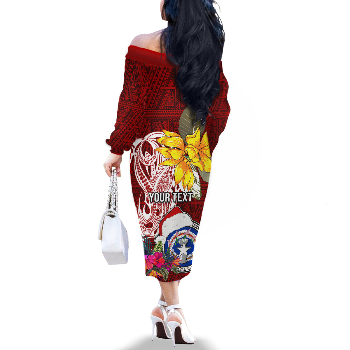 Custom Northern Mariana Islands Christmas Family Matching Off Shoulder Long Sleeve Dress and Hawaiian Shirt Funny Santa Hug Latte Stone Ylang-ylang and Polynesia Pattern Red LT03 - Polynesian Pride