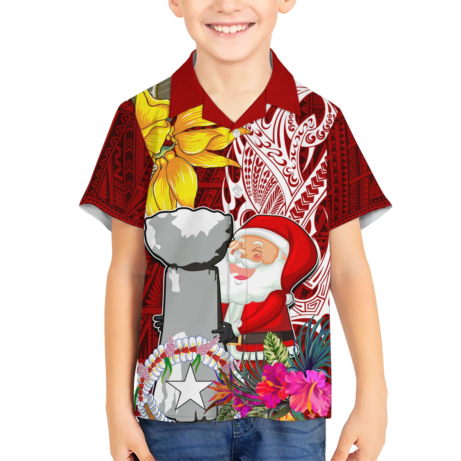 Custom Northern Mariana Islands Christmas Kid Hawaiian Shirt Funny Santa Hug Latte Stone Ylang-ylang and Polynesia Pattern Red LT03 Kid Red - Polynesian Pride