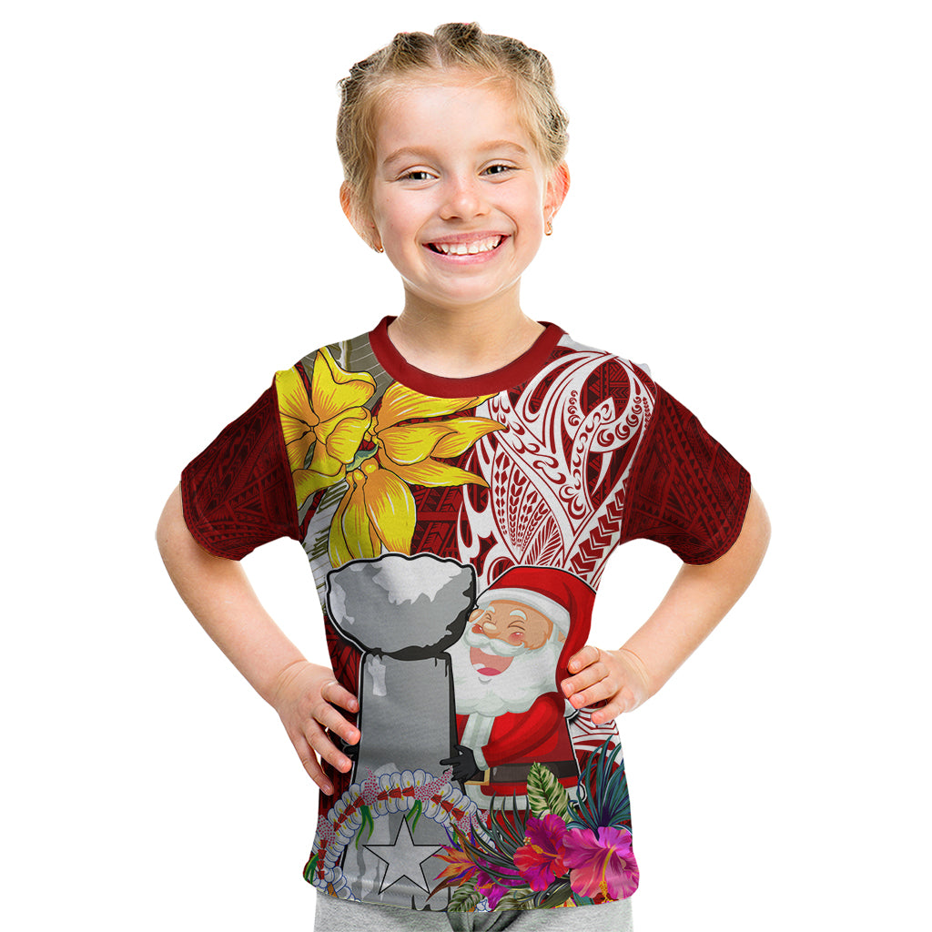 Custom Northern Mariana Islands Christmas Kid T Shirt Funny Santa Hug Latte Stone Ylang-ylang and Polynesia Pattern Red LT03 Red - Polynesian Pride