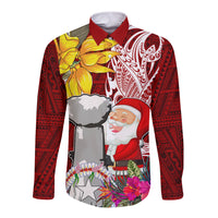 Custom Northern Mariana Islands Christmas Long Sleeve Button Shirt Funny Santa Hug Latte Stone Ylang-ylang and Polynesia Pattern Red LT03 Unisex Red - Polynesian Pride