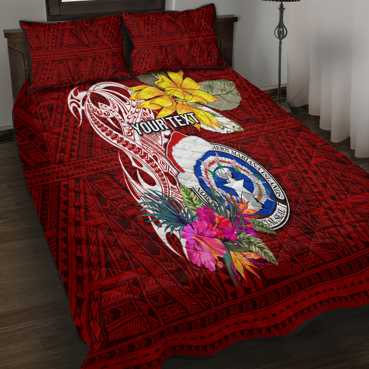 Custom Northern Mariana Islands Christmas Quilt Bed Set Funny Santa Hug Latte Stone Ylang-ylang and Polynesia Pattern Red LT03 - Polynesian Pride