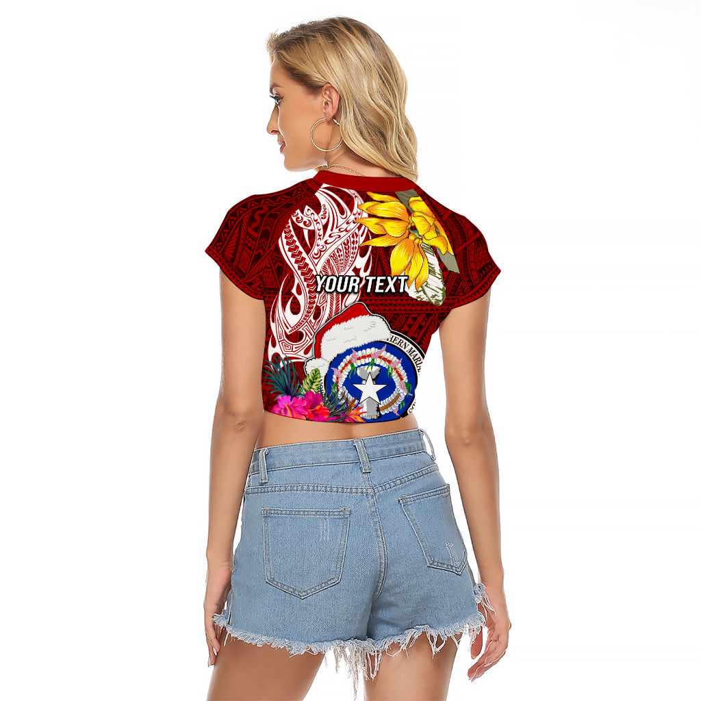 Custom Northern Mariana Islands Christmas Raglan Cropped T Shirt Funny Santa Hug Latte Stone Ylang-ylang and Polynesia Pattern Red LT03 - Polynesian Pride