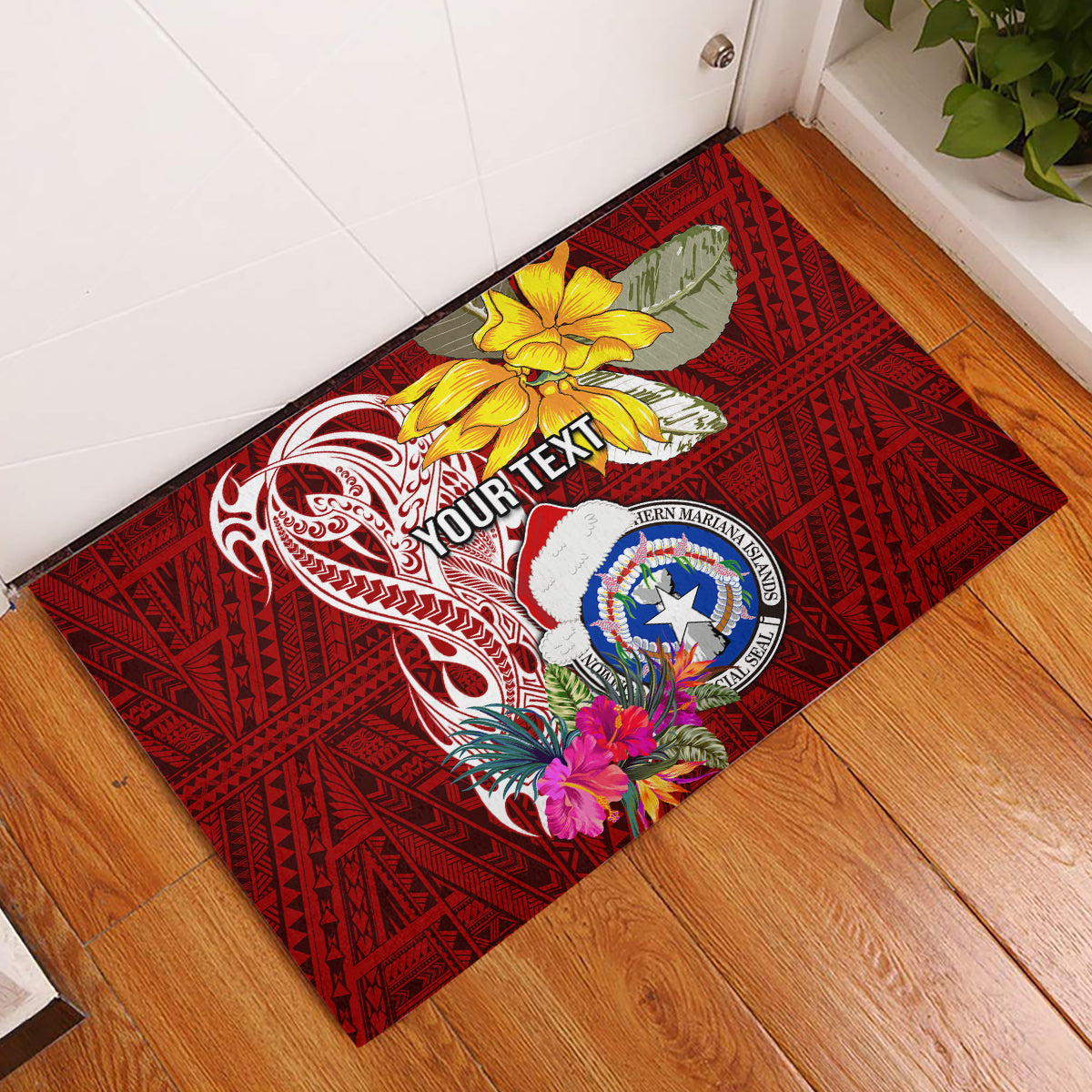 Custom Northern Mariana Islands Christmas Rubber Doormat Funny Santa Hug Latte Stone Ylang-ylang and Polynesia Pattern Red LT03 Red - Polynesian Pride