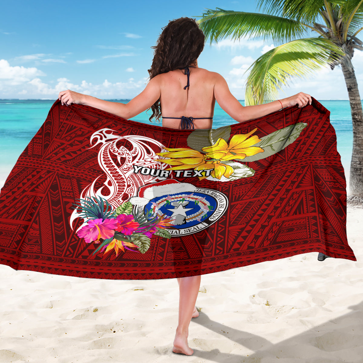 Custom Northern Mariana Islands Christmas Sarong Funny Santa Hug Latte Stone Ylang-ylang and Polynesia Pattern Red LT03 - Polynesian Pride