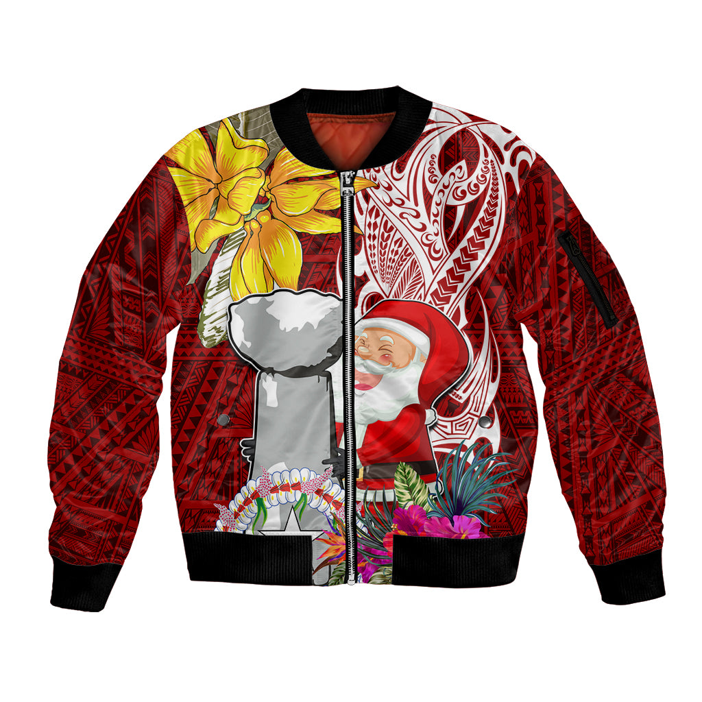 Custom Northern Mariana Islands Christmas Sleeve Zip Bomber Jacket Funny Santa Hug Latte Stone Ylang-ylang and Polynesia Pattern Red LT03 Unisex Red - Polynesian Pride