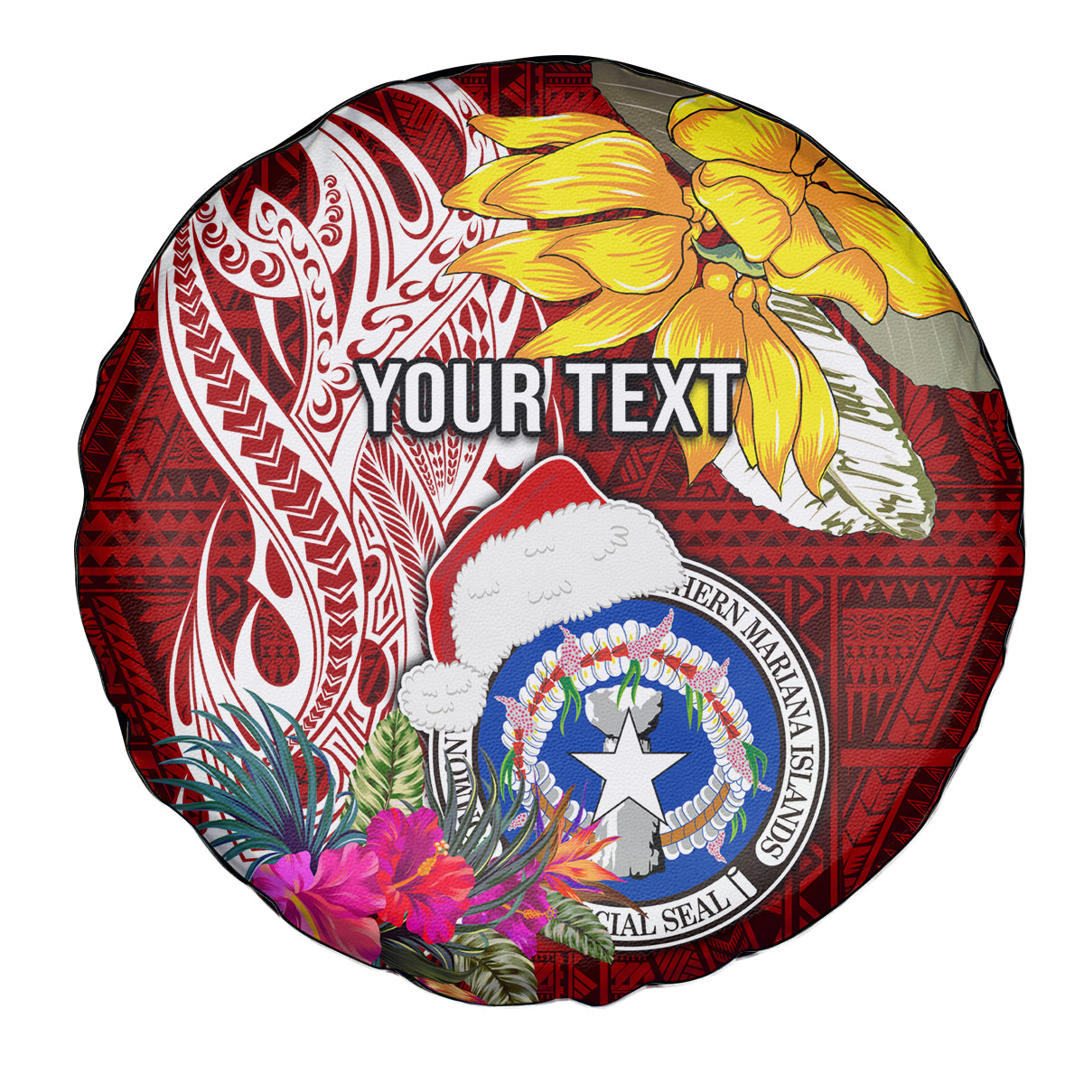 Custom Northern Mariana Islands Christmas Spare Tire Cover Funny Santa Hug Latte Stone Ylang-ylang and Polynesia Pattern Red LT03 - Polynesian Pride