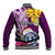 Custom Northern Mariana Islands Christmas Baseball Jacket Funny Santa Hug Latte Stone Ylang-ylang and Polynesia Pattern Pink LT03 - Polynesian Pride