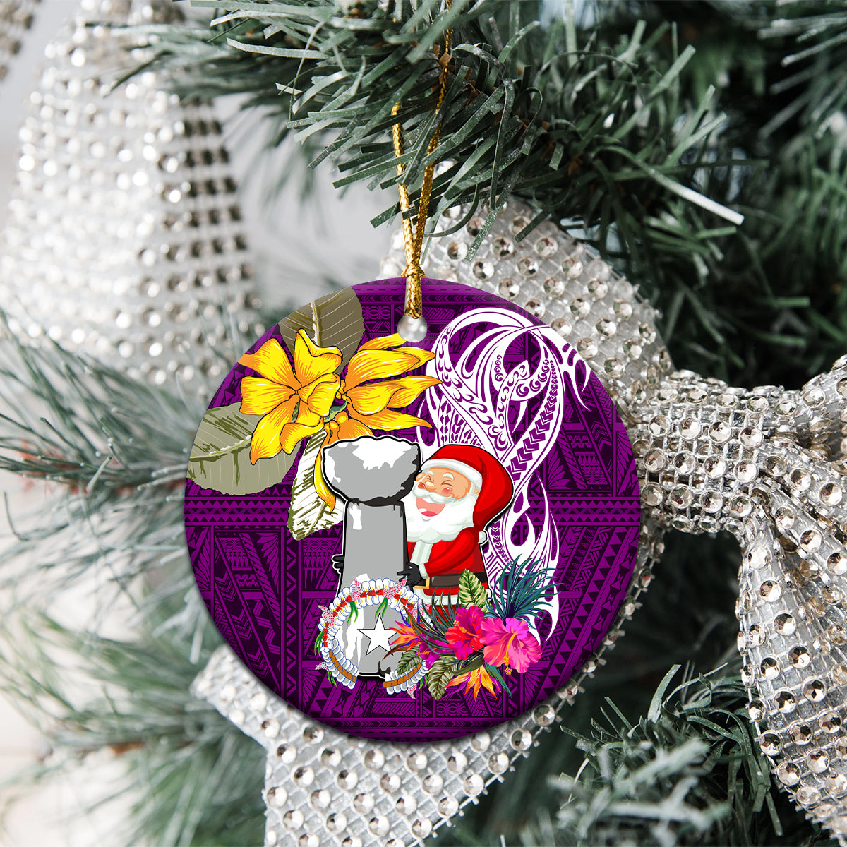 Custom Northern Mariana Islands Christmas Ceramic Ornament Funny Santa Hug Latte Stone Ylang-ylang and Polynesia Pattern Pink LT03 - Polynesian Pride