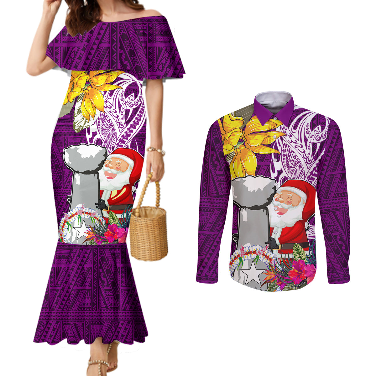 Custom Northern Mariana Islands Christmas Couples Matching Mermaid Dress and Long Sleeve Button Shirt Funny Santa Hug Latte Stone Ylang-ylang and Polynesia Pattern Pink LT03 Pink - Polynesian Pride