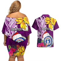 Custom Northern Mariana Islands Christmas Couples Matching Off Shoulder Short Dress and Hawaiian Shirt Funny Santa Hug Latte Stone Ylang-ylang and Polynesia Pattern Pink LT03 - Polynesian Pride