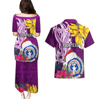 Custom Northern Mariana Islands Christmas Couples Matching Puletasi Dress and Hawaiian Shirt Funny Santa Hug Latte Stone Ylang-ylang and Polynesia Pattern Pink LT03 - Polynesian Pride