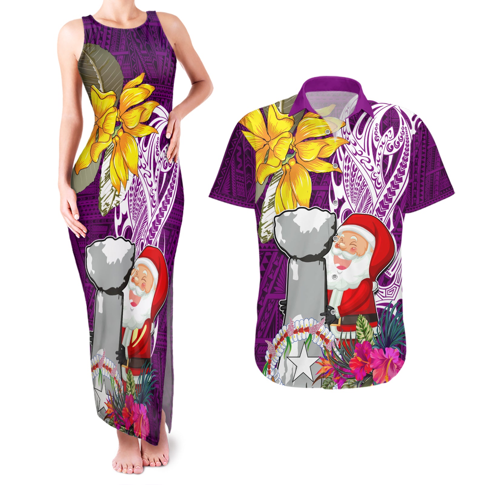 Custom Northern Mariana Islands Christmas Couples Matching Tank Maxi Dress and Hawaiian Shirt Funny Santa Hug Latte Stone Ylang-ylang and Polynesia Pattern Pink LT03 Pink - Polynesian Pride