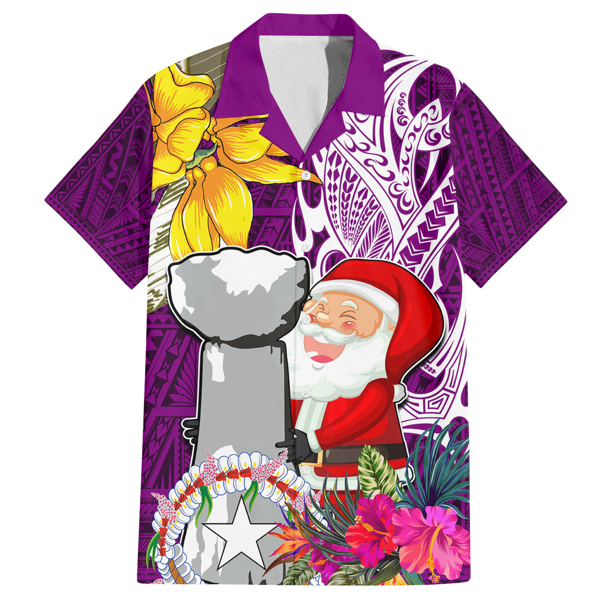 Custom Northern Mariana Islands Christmas Family Matching Puletasi Dress and Hawaiian Shirt Funny Santa Hug Latte Stone Ylang-ylang and Polynesia Pattern Pink LT03 Dad's Shirt - Short Sleeve Pink - Polynesian Pride