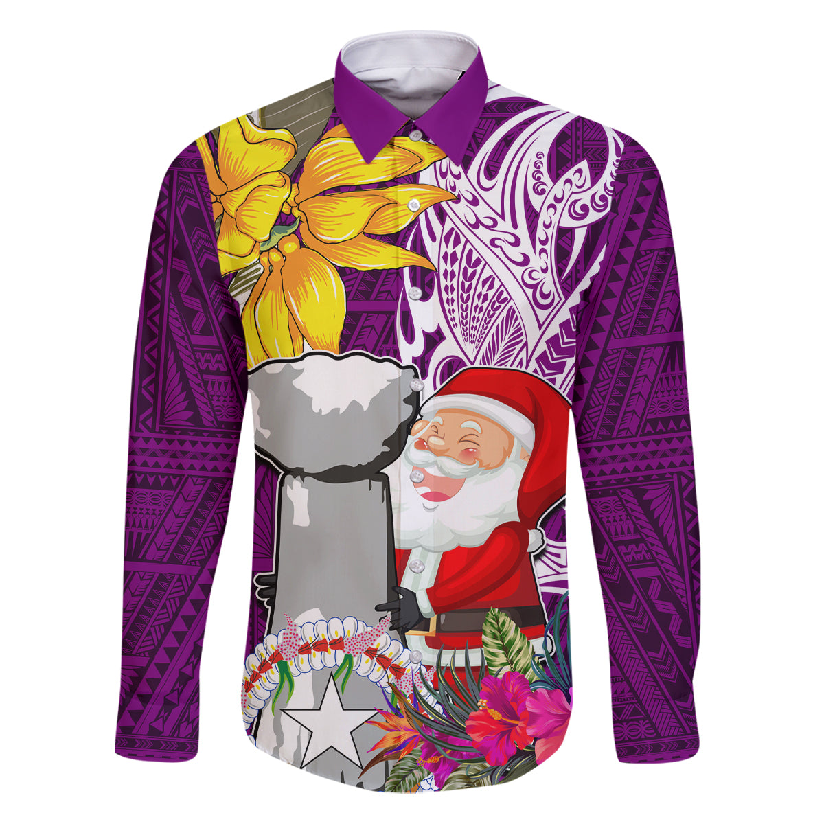 Custom Northern Mariana Islands Christmas Family Matching Puletasi Dress and Hawaiian Shirt Funny Santa Hug Latte Stone Ylang-ylang and Polynesia Pattern Pink LT03 Dad's Shirt - Long Sleeve Pink - Polynesian Pride