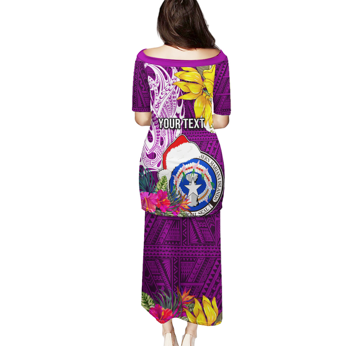 Custom Northern Mariana Islands Christmas Family Matching Puletasi Dress and Hawaiian Shirt Funny Santa Hug Latte Stone Ylang-ylang and Polynesia Pattern Pink LT03 - Polynesian Pride