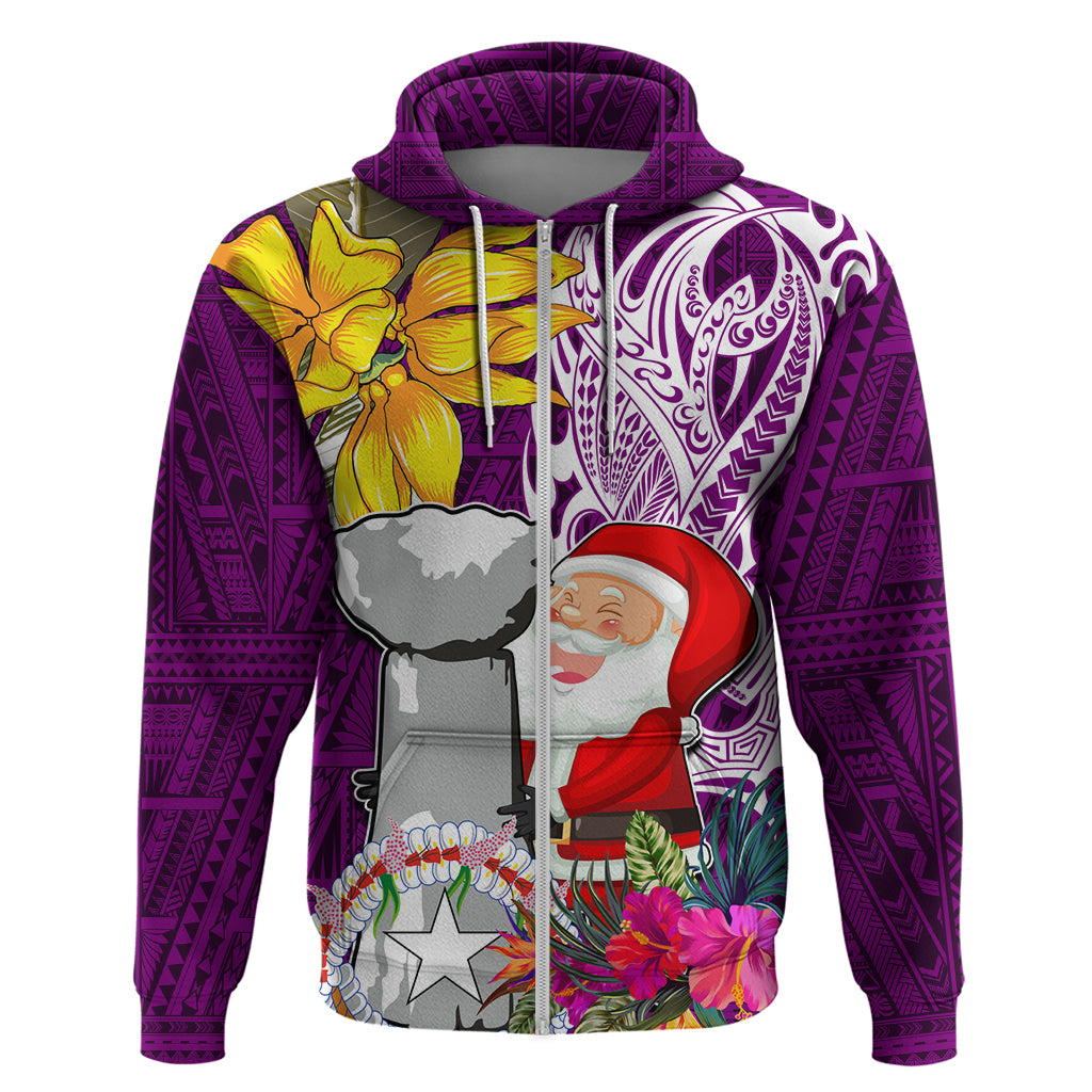 Custom Northern Mariana Islands Christmas Hoodie Funny Santa Hug Latte Stone Ylang-ylang and Polynesia Pattern Pink LT03 Zip Hoodie Pink - Polynesian Pride