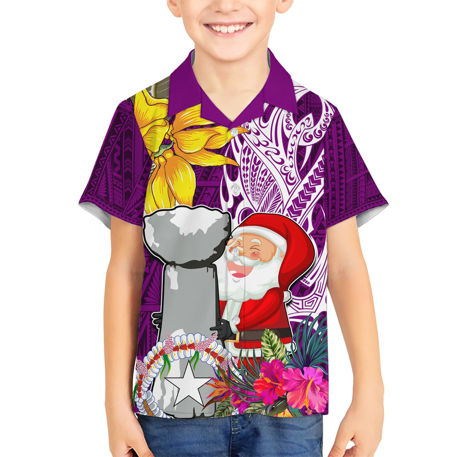 Custom Northern Mariana Islands Christmas Kid Hawaiian Shirt Funny Santa Hug Latte Stone Ylang-ylang and Polynesia Pattern Pink LT03 Kid Pink - Polynesian Pride