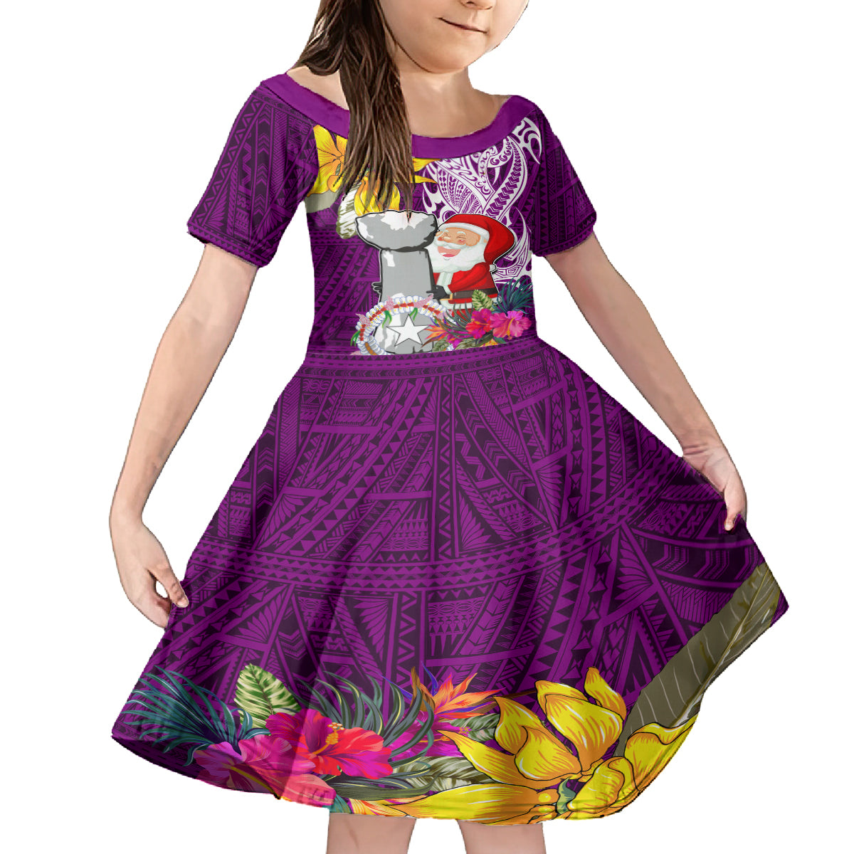 Custom Northern Mariana Islands Christmas Kid Short Sleeve Dress Funny Santa Hug Latte Stone Ylang-ylang and Polynesia Pattern Pink LT03 KID Pink - Polynesian Pride