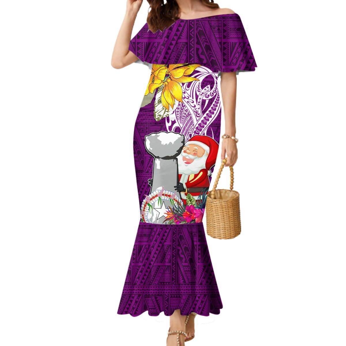 Custom Northern Mariana Islands Christmas Mermaid Dress Funny Santa Hug Latte Stone Ylang-ylang and Polynesia Pattern Pink LT03 Women Pink - Polynesian Pride