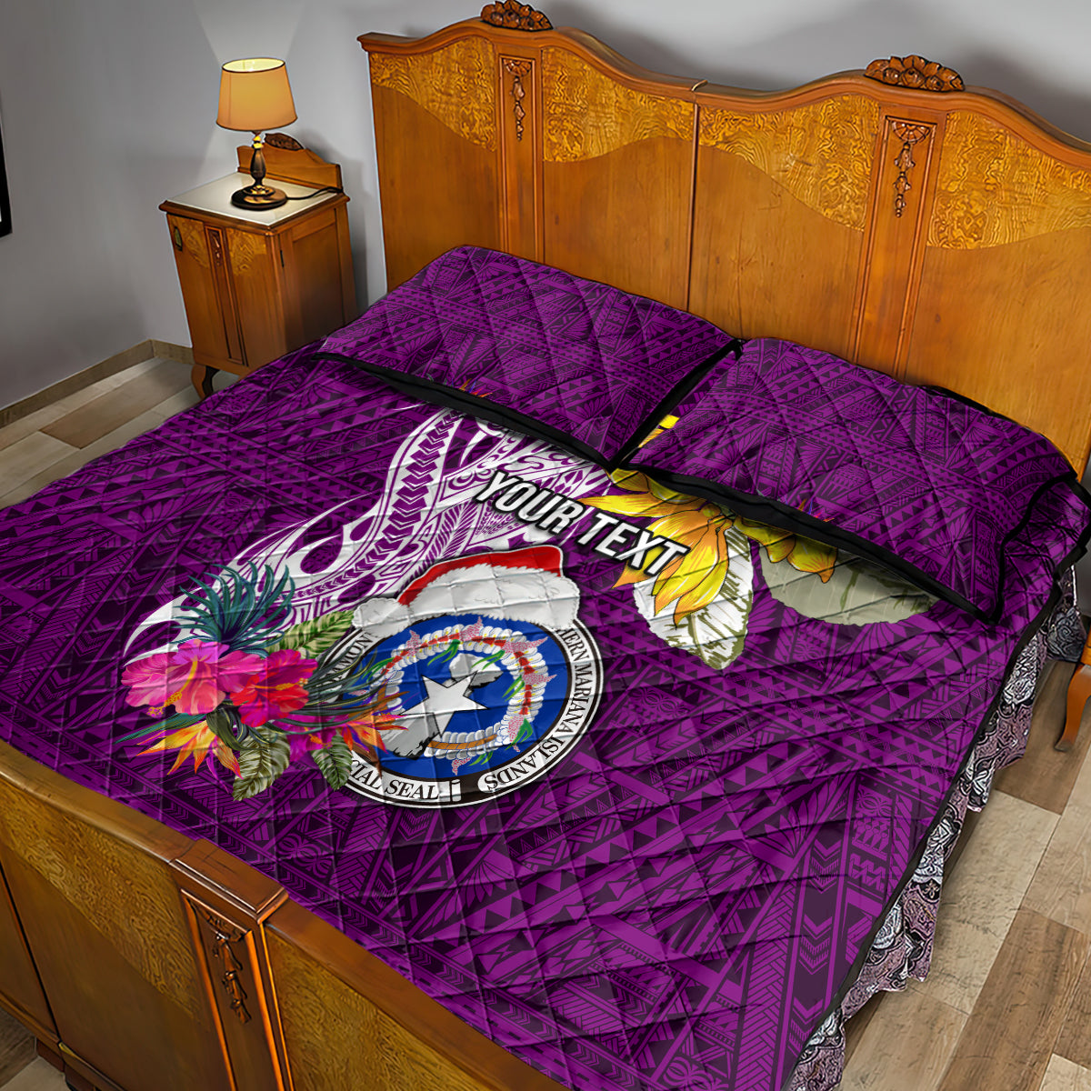 Custom Northern Mariana Islands Christmas Quilt Bed Set Funny Santa Hug Latte Stone Ylang-ylang and Polynesia Pattern Pink LT03 - Polynesian Pride