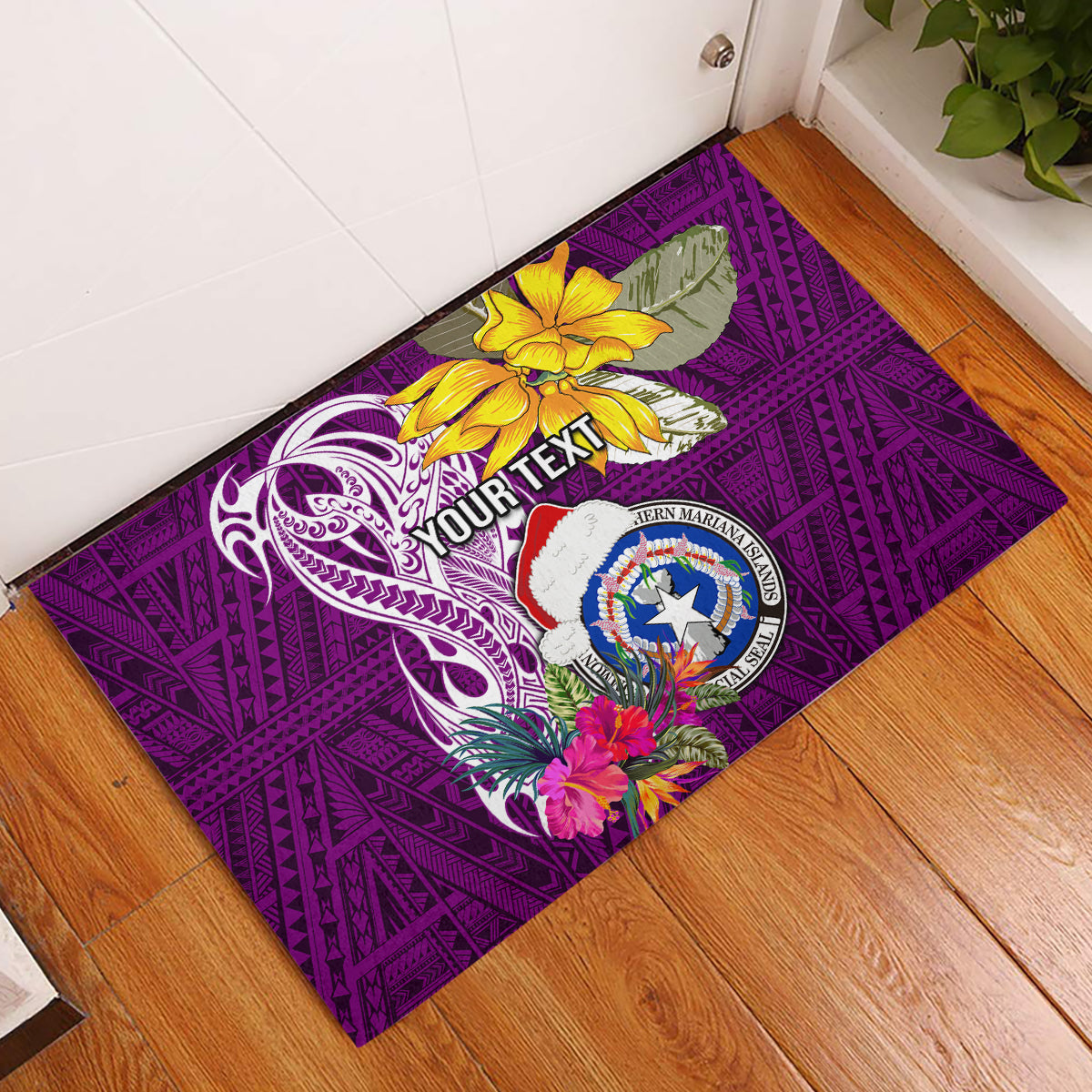 Custom Northern Mariana Islands Christmas Rubber Doormat Funny Santa Hug Latte Stone Ylang-ylang and Polynesia Pattern Pink LT03 Pink - Polynesian Pride