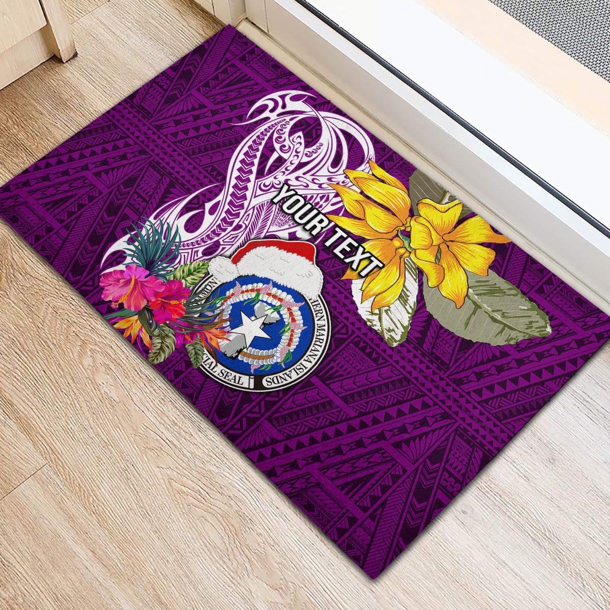 Custom Northern Mariana Islands Christmas Rubber Doormat Funny Santa Hug Latte Stone Ylang-ylang and Polynesia Pattern Pink LT03 - Polynesian Pride