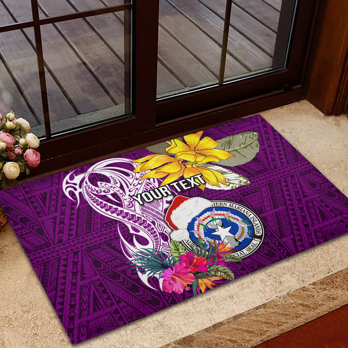 Custom Northern Mariana Islands Christmas Rubber Doormat Funny Santa Hug Latte Stone Ylang-ylang and Polynesia Pattern Pink LT03 - Polynesian Pride
