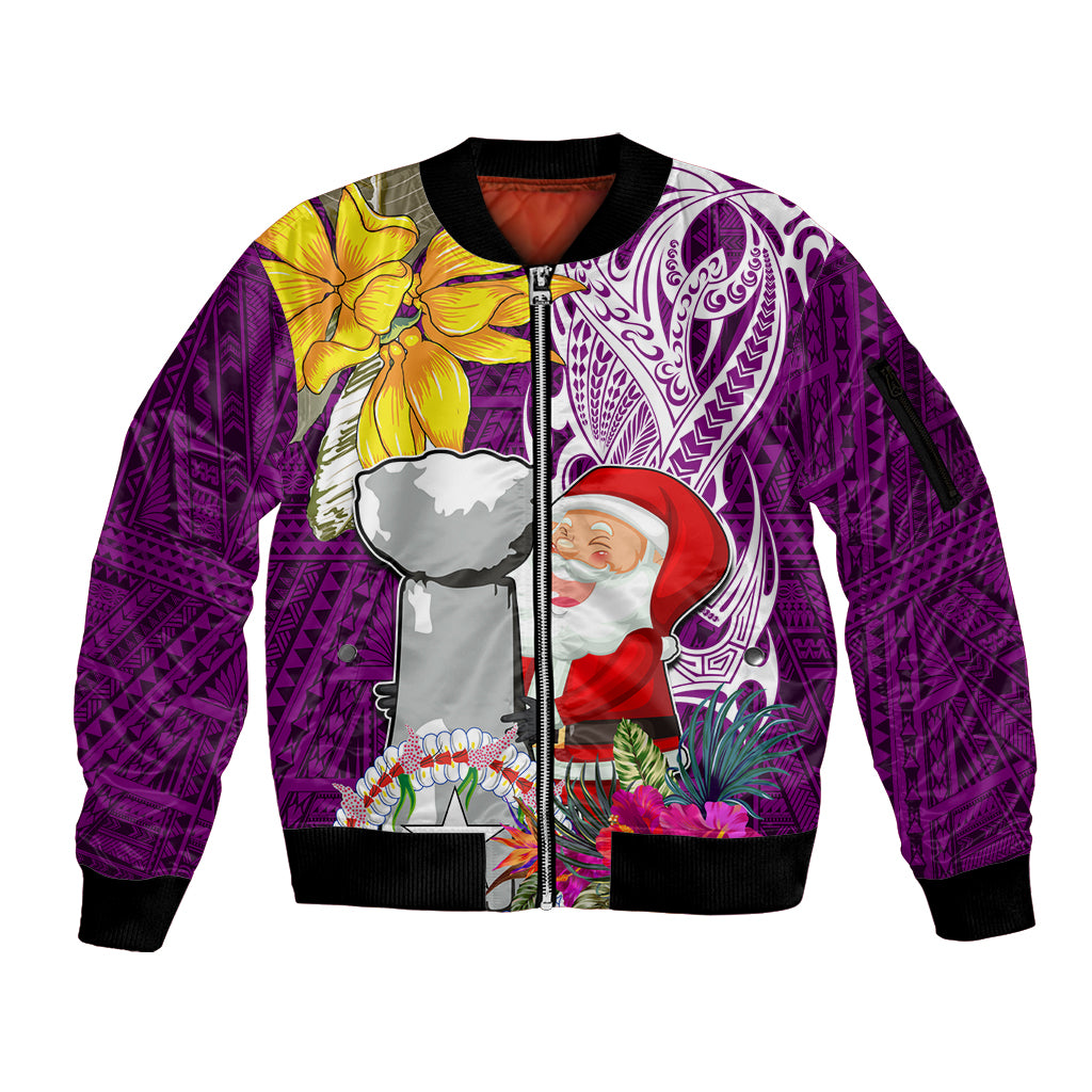 Custom Northern Mariana Islands Christmas Sleeve Zip Bomber Jacket Funny Santa Hug Latte Stone Ylang-ylang and Polynesia Pattern Pink LT03 Unisex Pink - Polynesian Pride