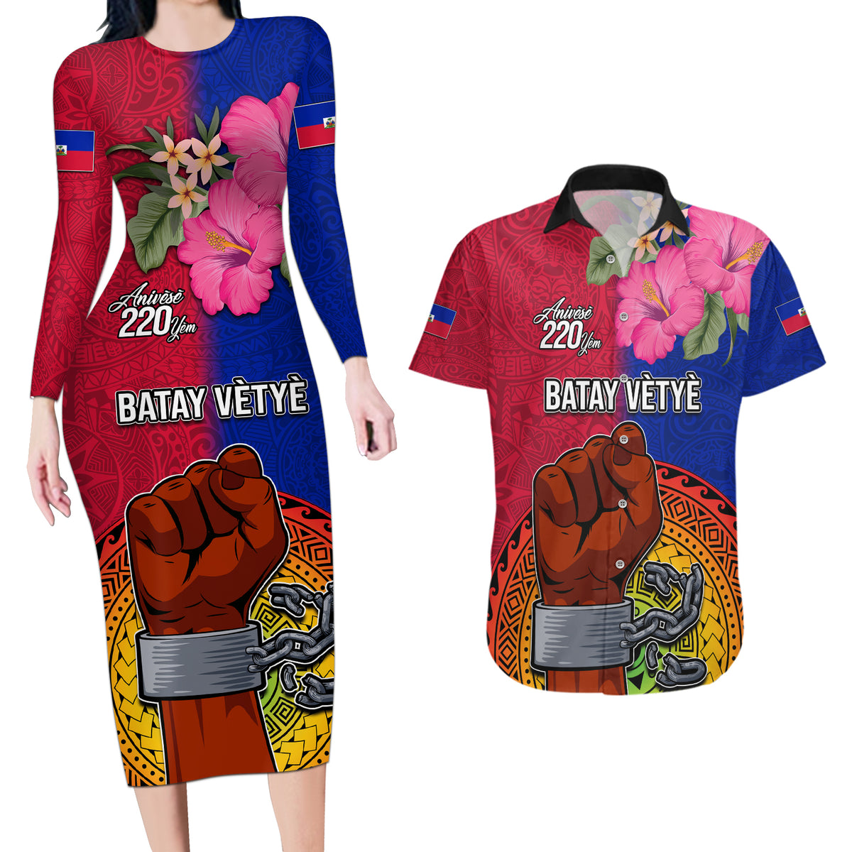 Haiti Battle of Vertieres Couples Matching Long Sleeve Bodycon Dress and Hawaiian Shirt The Haitian Revolution 220th Anniversary Polynesian Style LT03 Red - Polynesian Pride