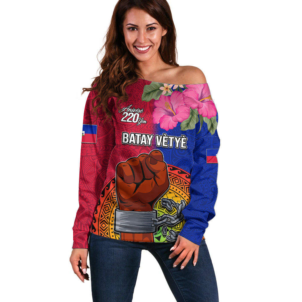 Haiti Battle of Vertieres Off Shoulder Sweater The Haitian Revolution 220th Anniversary Polynesian Style LT03 Women Red - Polynesian Pride