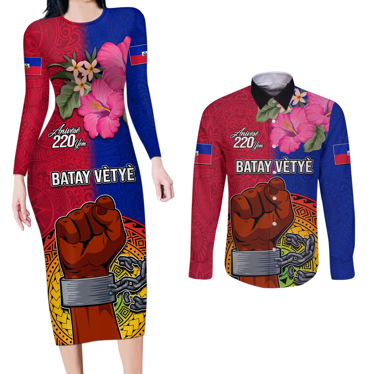 Personalised Haiti Battle of Vertieres Couples Matching Long Sleeve Bodycon Dress and Long Sleeve Button Shirt The Haitian Revolution 220th Anniversary Polynesian Style LT03 Red - Polynesian Pride