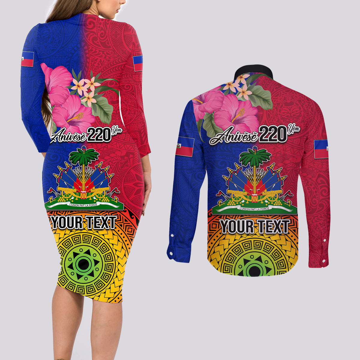 Personalised Haiti Battle of Vertieres Couples Matching Long Sleeve Bodycon Dress and Long Sleeve Button Shirt The Haitian Revolution 220th Anniversary Polynesian Style LT03 - Polynesian Pride