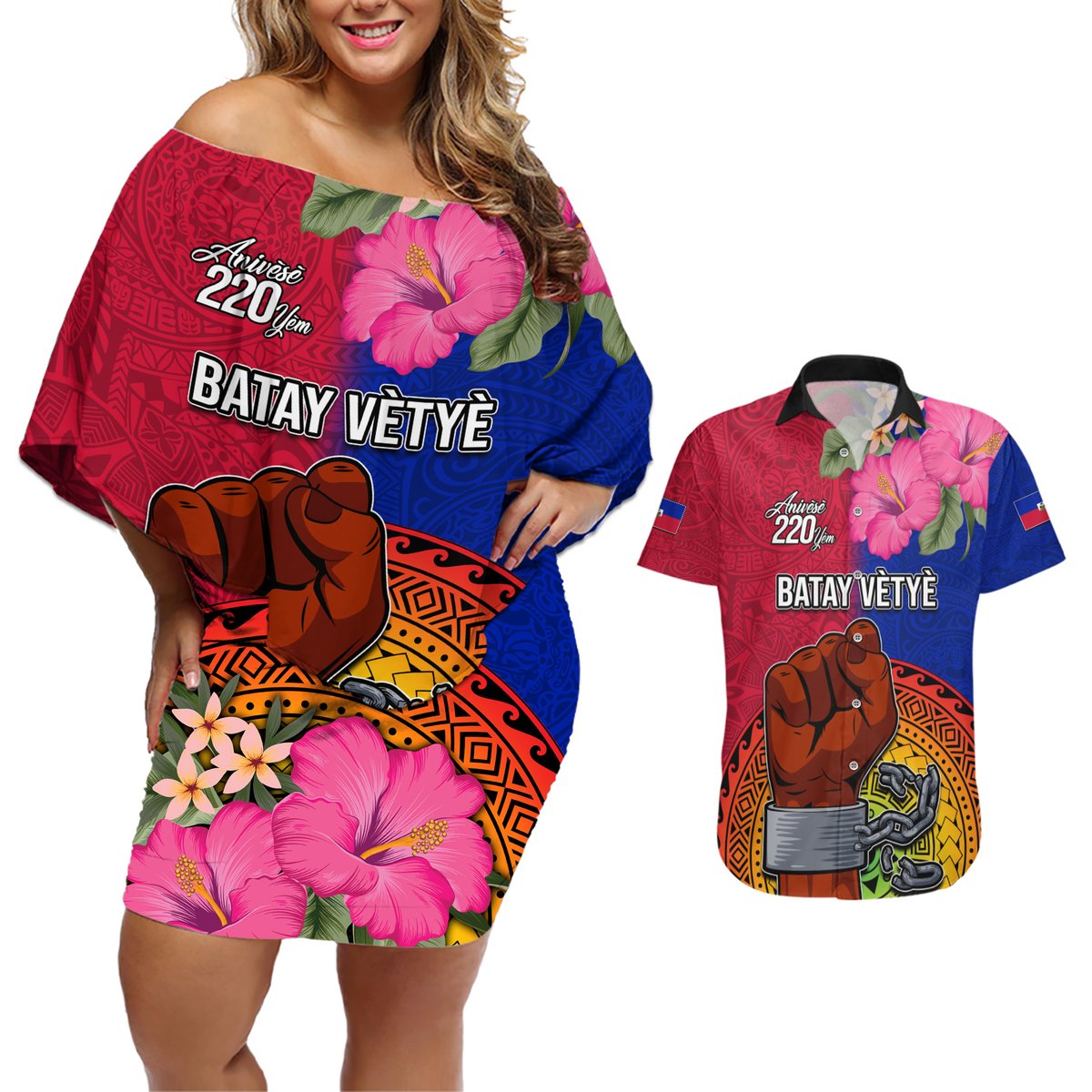 Personalised Haiti Battle of Vertieres Couples Matching Off Shoulder Short Dress and Hawaiian Shirt The Haitian Revolution 220th Anniversary Polynesian Style LT03 Red - Polynesian Pride