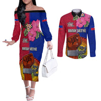 Personalised Haiti Battle of Vertieres Couples Matching Off The Shoulder Long Sleeve Dress and Long Sleeve Button Shirt The Haitian Revolution 220th Anniversary Polynesian Style LT03 Red - Polynesian Pride