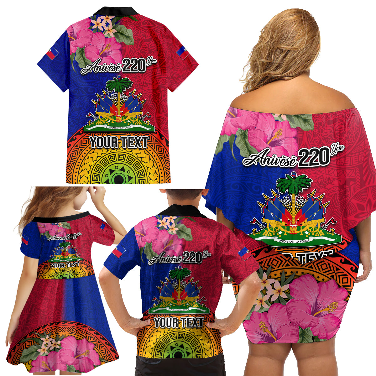 Personalised Haiti Battle of Vertieres Family Matching Off Shoulder Short Dress and Hawaiian Shirt The Haitian Revolution 220th Anniversary Polynesian Style LT03 - Polynesian Pride
