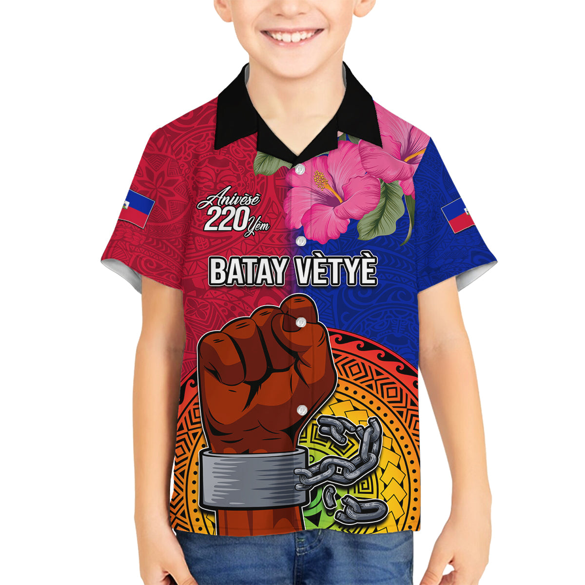Personalised Haiti Battle of Vertieres Family Matching Puletasi Dress and Hawaiian Shirt The Haitian Revolution 220th Anniversary Polynesian Style LT03 Son's Shirt Red - Polynesian Pride